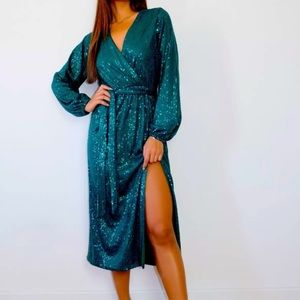 Green sequin wrap dress NWT